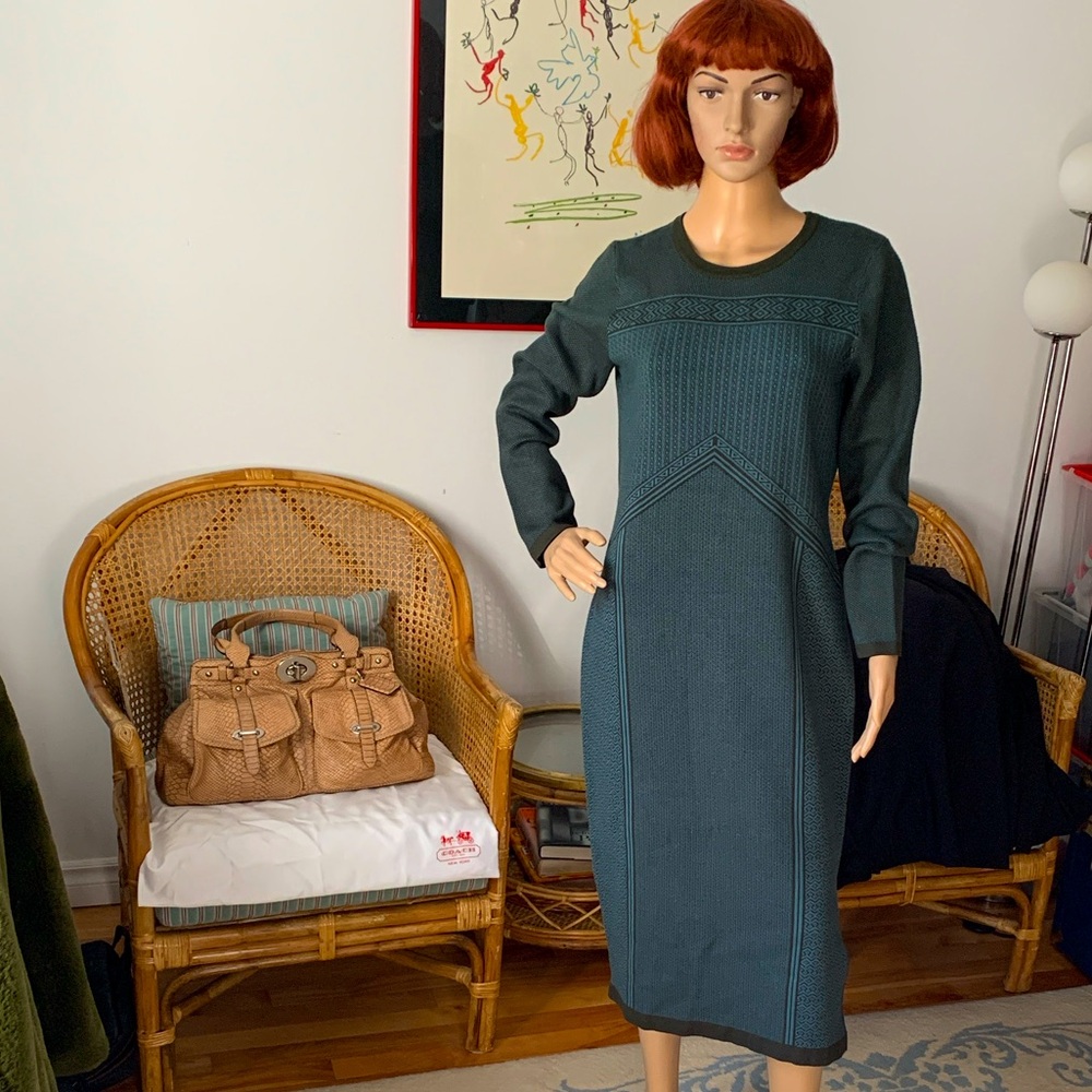 Elegant Olive Green & Turquoise Knit Dress